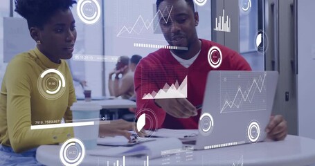 Poster - Man tapping phone, initiating animated business charts on laptop while colleague writing data notes