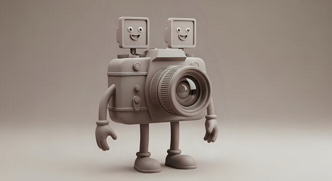 A whimsical camera character standing with a smile and two flash cube heads in a studio setting