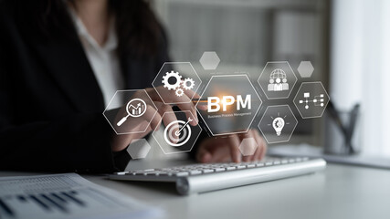 Poster - Business Process Management concept showing workflow analysis, process optimization, team collaboration, automation, and performance improvement Latch