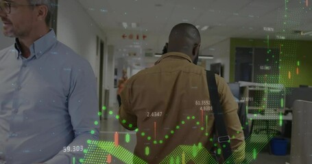 Poster - Business professional entering hallway and raising smartphone while tracking pulsing market charts