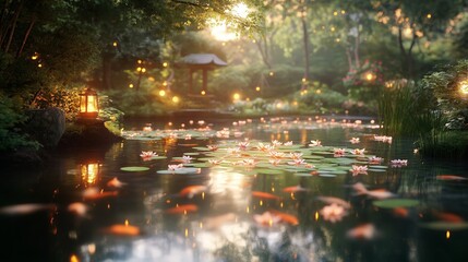 Poster - Serene garden with lotus flowers and glowing lanterns creating a tranquil atmosphere during twilight