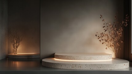 Poster - Modern minimalist interior with illuminated platforms and decorative branches in a serene setting