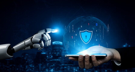 Poster - AI artificial intelligence strengthens cybersecurity with intelligent threat detection, virtual assistant alerts, and proactive protection agAI artificial intelligencenst digital breaches. Vouch