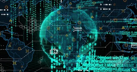 Poster - Wireframe globe appearing, rotating with code streams and data nodes forming, showing cyber network