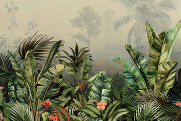 A painted jungle scene with large green leaves and palm trees in the background with fog