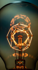 Poster - Close-up of illuminated filament inside glass bulb, intricate geometric design, showcasing light and innovation, symbolizing ideas, technology, and progress