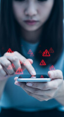 Poster - Woman using smartphone, surrounded by digital warning icons, conveying online security concerns or system error