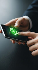 Poster - Close-up of hands using smartphone, green email icon glowing on screen.  Digital communication, online message concept