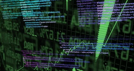 Poster - Opening 3D grid animating dotted green line trending upward over scrolling code visualizing growth