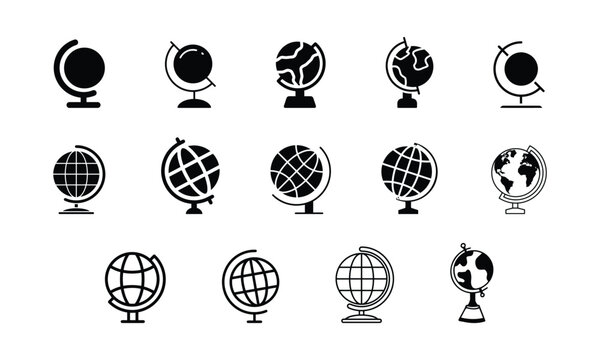 World globe in flat, icon set. Earth global country map planet Travel internet globe showpiece sign symbol isolated on white background