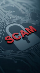 Leinwandbilder - Red SCAM word inside grey padlock on dark circuit board background, symbolizing online fraud, cybercrime, and data security risks