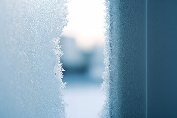 Poster - Frost-covered windowpane reveals a winter landscape illuminated by soft morning light