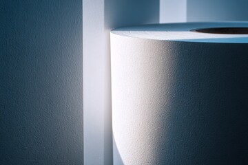 Poster - Roll of plain paper leaning against a wall in stark lighting, highlighting textures and shadows in a minimalist setting
