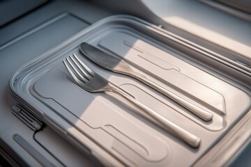 Poster - Cutlery placed neatly on a clean tray near a window with soft sunlight illuminating the setting in a cozy kitchen