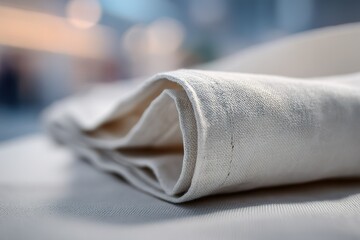 Poster - Linen fabric folded neatly on a table in a bright, modern setting with soft lighting
