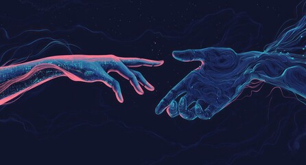Poster - Abstract digital art depicting two hands reaching out in a dark space