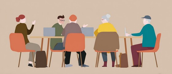 Fototapete - People seated around a table, engaged in discussion.