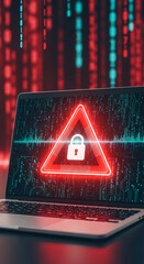 Leinwandbilder - Laptop screen displays red warning triangle with lock icon, symbolic of cybersecurity threat, data breach, or system alert requiring immediate attention
