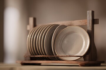 Poster - Decorative plate rack displaying earthenware plates in a cozy dining area during the afternoon light