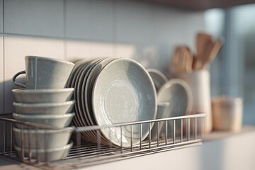 Poster - Ceramic dishes and utensils neatly arranged on a kitchen shelf during afternoon light