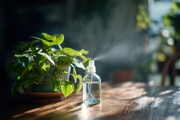 Poster - Glass spray bottle releasing mist near green plant on wooden table in a bright indoor setting