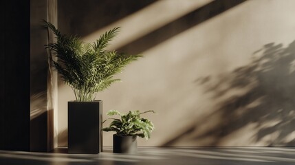 Poster - Elegant indoor plants casting shadows in a sunlit room during afternoon light