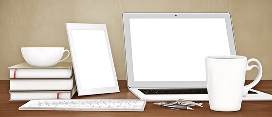 Fototapete - Workspace with laptop, picture frames, and a coffee cup.