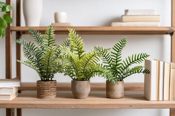 Poster - Decorative indoor ferns arranged on a wooden shelf with neutral accents in a bright living space