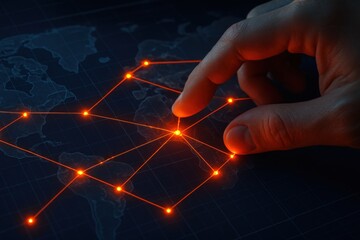 Fototapete - Interconnected World: The image encapsulates the essence of a connected world, where a digital network converges at a focal point, symbolizing connectivity, communication and data flow.