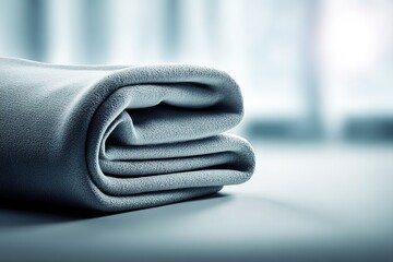 Poster - Cozy folded blanket resting on a soft surface with natural light filtering through a window in a serene interior space