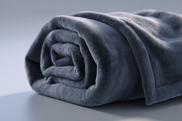 Poster - Soft gray blanket neatly rolled on a light surface with gentle light highlighting its texture and color