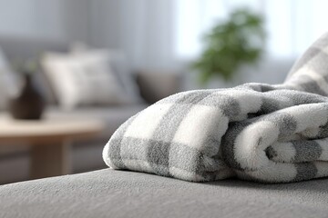 Poster - Cozy plaid blanket folded on a soft couch in a modern living room with plants and natural light