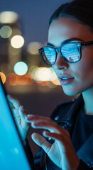 Aufkleber - Woman in glasses uses tablet at night, city lights blurred background, showcasing technology use in urban environment