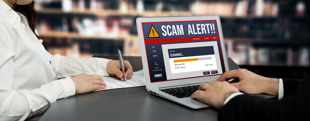 Poster - Cyber security software show alert of cyber attack for protection brisk. Danger from virus, phishing and cyber fraud.
