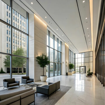 Sleek and stylish interior design of a modern building featuring clean lines, minimalist furniture, ample natural light, and a harmonious blend of materials like glass, wood, and metal.