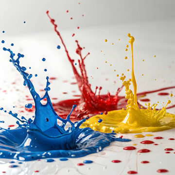 Vibrant and dynamic paint splashes in various colors scattered across a white background, creating an artistic and energetic visual effect.