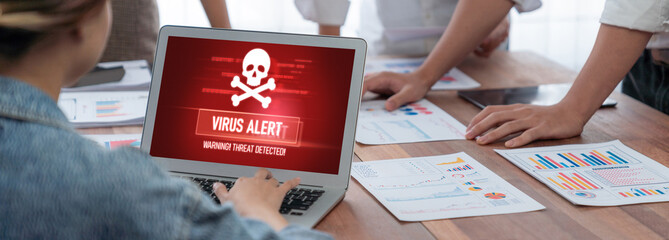 Poster - Virus warning alert on computer screen detected brisk cyber threat , hacker, computer virus and malware