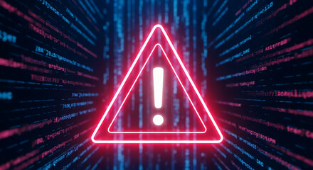 Leinwandbilder - Neon red triangle warning sign with exclamation mark on a dark blue background of digital code, symbolizing a digital alert or error