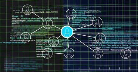 Poster - Blue node appearing triggers circles forming grid with code scrolling behind chart for data insight