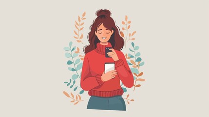 Smiling woman uses phone surrounded by foliage, featuring a red sweater and warm colors for a cozy, connected feel.