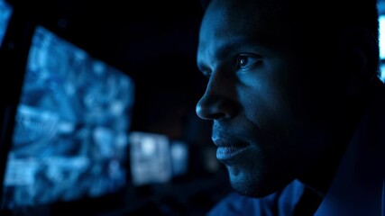 Aufkleber - Dedicated professional intensely monitors multiple security screens in a dimly lit control room, highlighting the importance of vigilance and technology in surveillance operations