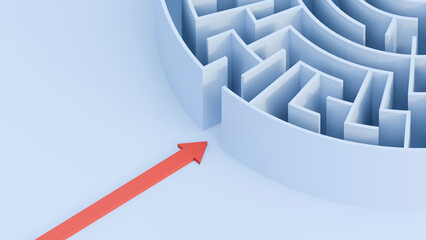 Poster - Business problems and solution concept. Circle labyrinth concept. Circle maze structure. Perspective view of an 3d rendered circle maze. Circle shape labyrinth with red arrow.
