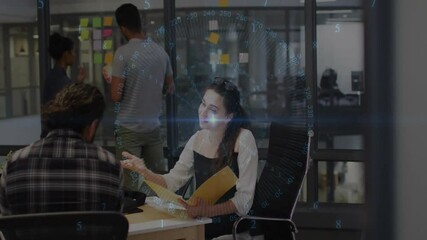 Poster - Team gathering in business office, woman taking folder reviewing docs and fueling sticky note ideas