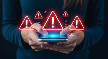 Aufkleber - Hands hold phone, glowing red warning triangles appear, symbolizing online security risks, digital threats, and urgent alerts needing immediate attention