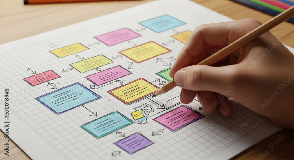 Creating a flowchart diagram concept map with pencil on paper for ...