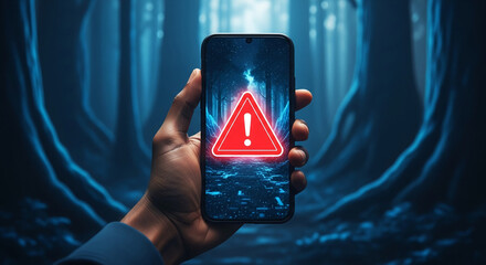 Aufkleber - Hand holding smartphone displaying red warning sign against dark blue forest background, symbolizing digital danger, online security risk or system alert