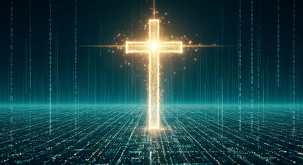 Poster - Glowing digital cross on teal binary code background, symbolizing faith in the digital age, technological advancement and spiritual belief