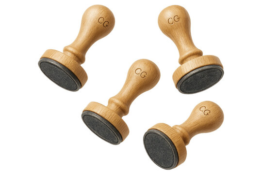 Four wooden rubber stamps with 'CG' isolated on a transparent background, professional