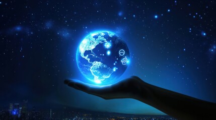 Poster - Global Technology in the Palm of Your Hand with Cityscape at Night