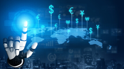 Poster - AI artificial intelligence facilitates secure global money exchange with smart fintech systems, virtual assistants, and intelligent conversion tools for digital transactions. Vouch